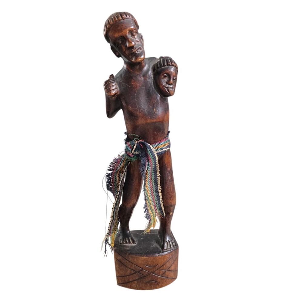 Vintage Sculpture Hand Carved Wooded‎ Headhunter Tribal Warrior Statue 12" Tall